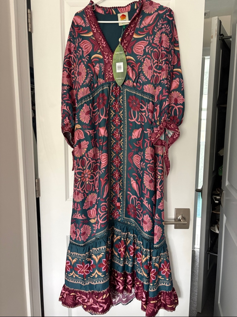 FARM Rio Teal Maxi Dress with Pink Floral Print